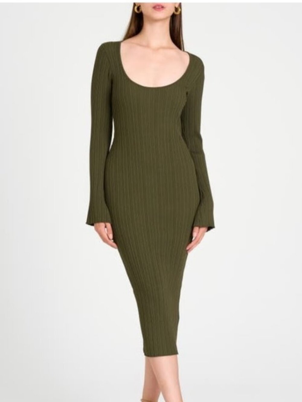 WAYF Alexi Ribbed Green Long Sleeve Scoop Neck Bodycon Midi Dress Women's XS